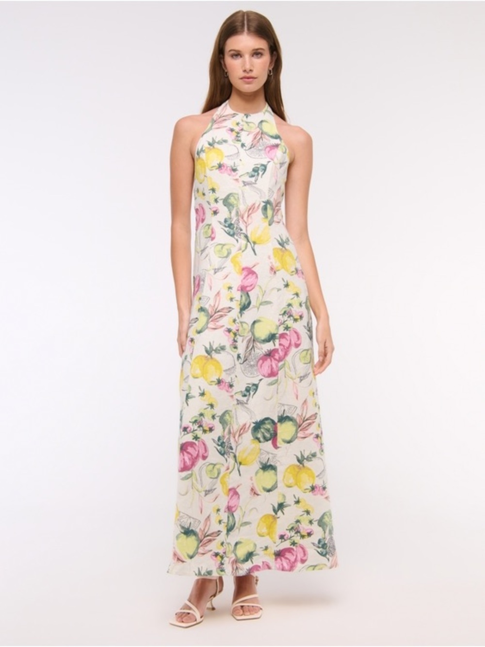 NWT S 100% linen Maxi Dress Floral Veggie Fruit cream summer NEW $120!